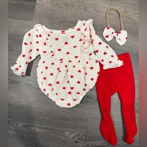 White and Red Heart Baby Outfit with Headband